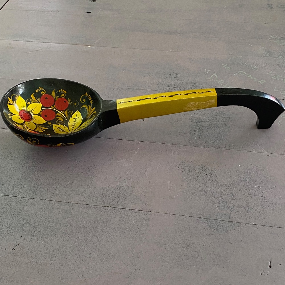 Vintage Khokhloma Russian wooden soup ladle